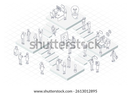 Isometric office workspace with people working together. Coworking. Line art vector isometric business people illustration. 