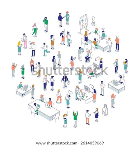 Isometric office workspace with people working together. Coworking. Line art vector isometric business people characters isolated on white background.	