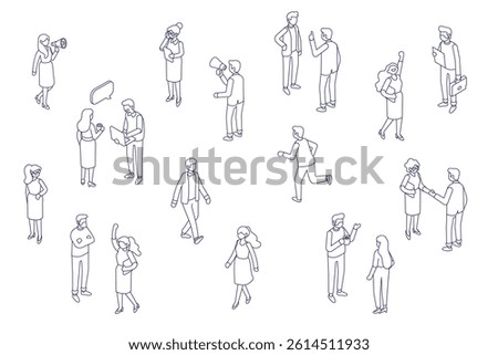 Isometric office workspace with people working together. Coworking. Line art vector isometric business people illustration.	