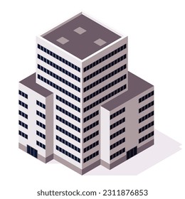 Isometric offices or business center icon. Town apartment building city map creation. Architectural vector 3d illustration. Infographic element. City house composition