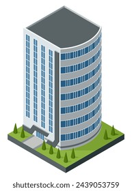 Isometric offices or business center icon. Town apartment building city map creation. Architectural vector 3d illustration. Infographic element. City house composition