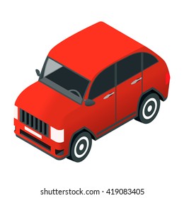 Isometric off-road car of red color.Family vehicle is passenger city.3D isolated object a vector in flat style.Cross-country vehicle suv for rent.Executive class car cartoon.Sport utility transport.