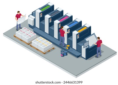 Máquina de impresión offset isométrica durante la producción. Prensas de impresión en el trabajo en la impresión.