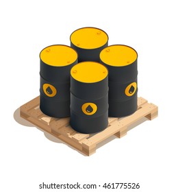 Isometric Oil Barrels On Wooden Pallet, Vector EPS10 Illustration