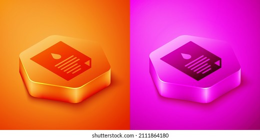 Isometric Oil drop document icon aislado en fondo naranja y rosa. Botón hexagonal. Vector