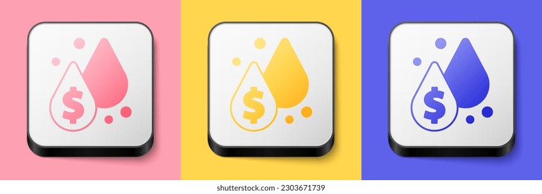 Isometric Oil drop with dollar symbol icon isolated on pink, yellow and blue background. Oil price. Oil and petroleum industry. Square button. Vector