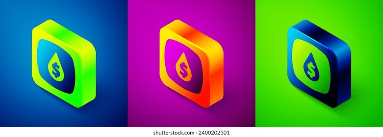 Isometric Oil drop with dollar symbol icon isolated on blue, purple and green background. Oil price. Oil and petroleum industry. Square button. Vector