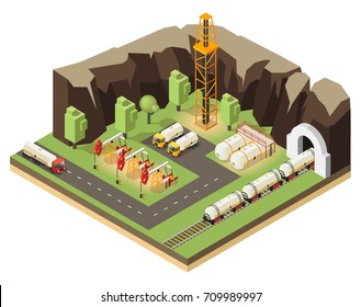 Isometric oil extraction concept with drilling rigs petroleum transportation and barrels isolated vector illustration