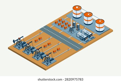 Isometric Oil Extraction Facility with Pump Jacks, Storage Tanks, Pipelines and Processing Equipment