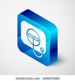 Isometric Oil filler cap opening at the gas station icon isolated on white background. Blue square button. Vector Illustration