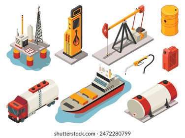 Isometric oil and gas icons showing equipment and infrastructure related to the industry