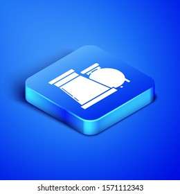 Isometric Oil and gas industrial factory building icon isolated on blue background. Blue square button. Vector Illustration