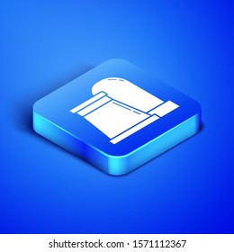 Isometric Oil and gas industrial factory building icon isolated on blue background. Blue square button. Vector Illustration
