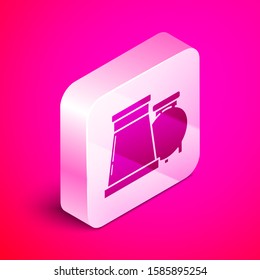 Isometric Oil and gas industrial factory building icon isolated on pink background. Silver square button. Vector Illustration