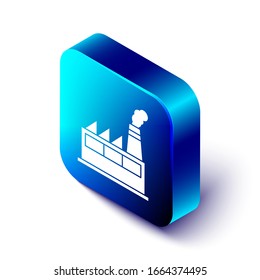 Isometric Oil and gas industrial factory building icon isolated on white background. Blue square button. Vector Illustration