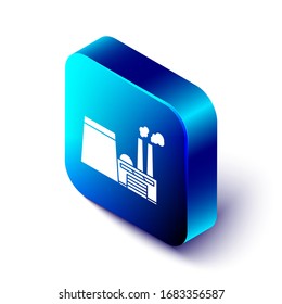 Isometric Oil and gas industrial factory building icon isolated on white background. Blue square button. Vector Illustration
