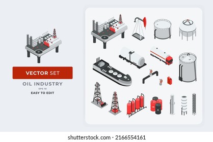 Isometric oil and gas industry set with extraction refinery plant products transportation tanker pipeline. vector design illustration eps 10 easy to edit