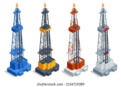 Isometric oil and gas production in nature concept. Gas flare at an oil refinery. Oil gas industry