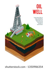 Isometric oil industry background with editable text and view of ground layers with oil derrick constructions vector illustration