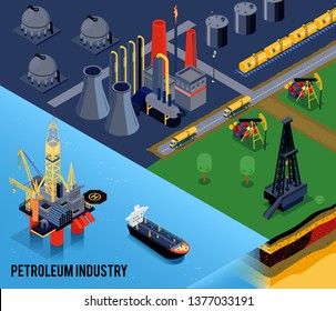 Isometric oil industry composition with petroleum industry headline and landscape of the city vector illustration