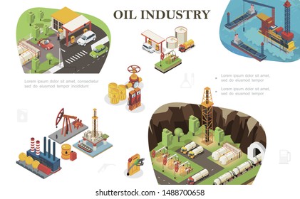 Isometric oil industry composition with tankers fuel station railway cisterns derrick drilling rig trucks canisters barrels of petroleum gas pipeline and valve vector illustration