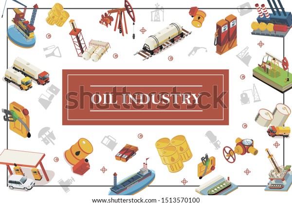 Isometric oil industry\
concept with derrick drilling rig railway cisterns canisters\
barrels of petroleum gas station fuel nozzle trucks oil water\
platform vector\
illustration