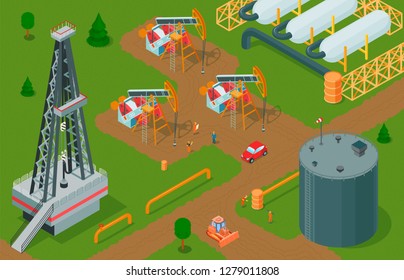 Isometric oil industry horizontal composition with petroleum production facilities storage and factory buildings with pump jacks vector illustration