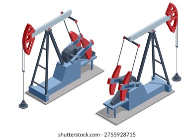 Isometric oil industry pump jack line, storage tank, pipeline, refinery equipment in desert field. Petroleum extraction, energy production, industrial, fuel supply, resource economy, fossil power