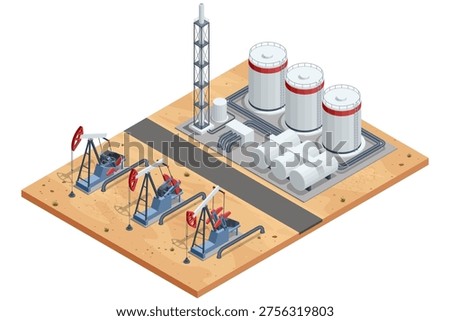 Isometric oil industry pump jack line, storage tank, pipeline, refinery equipment in desert field. Petroleum extraction, energy production, industrial, fuel supply, resource economy, fossil power