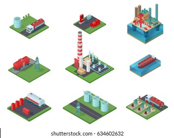 Isometric oil industry set with petrochemical plant drilling rigs transportation vehicles resource storage gas station barrels isolated vector illustration 