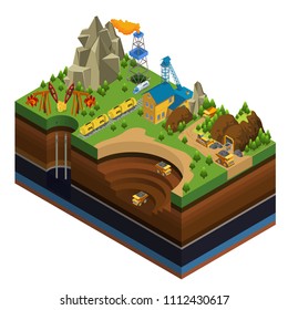 Isometric oil and mining industry concept with derricks gas rig rail gasoline tankers dump trucks working in quarry vector illustration