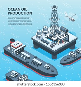 Isometric oil petroleum industry background with outdoor view of off-shore petrol production units and text vector illustration