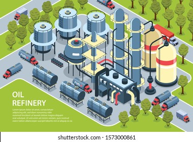 Isometric Oil Petroleum Industry Horizontal Background With Composition Of Editable Text And Outdoor View Of Factory Vector Illustration