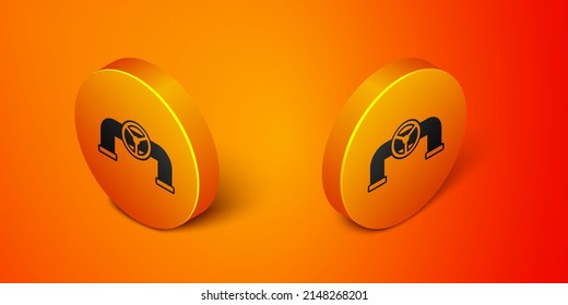 Isometrisches Ölrohr mit Ventilsymbol einzeln auf orangefarbenem Hintergrund. orangefarbene Kreistaste. Vektorgrafik