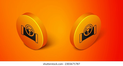 Isometric Oil pipe with valve icon isolated on orange background. Orange circle button. Vector