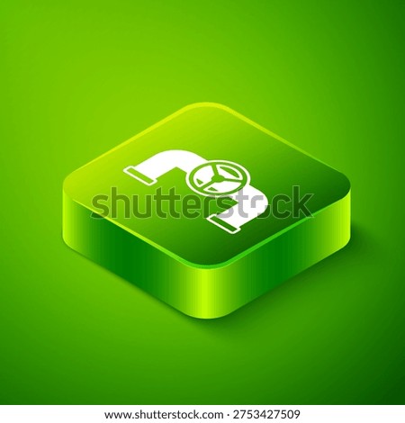 Isometric Oil pipe with valve icon isolated on green background. Green square button. Vector