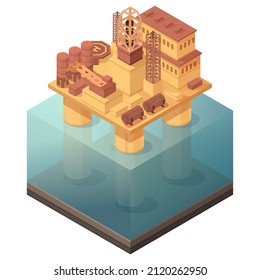 Isometric Oil Platform In The Sea, Vector Illustration