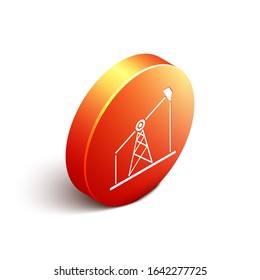 Isometric Oil pump or pump jack icon isolated on white background. Oil rig. Orange circle button. Vector Illustration