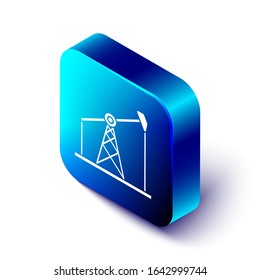 Isometric Oil pump or pump jack icon isolated on white background. Oil rig. Blue square button. Vector Illustration