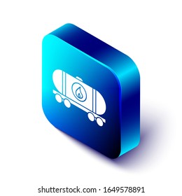 Isometric Oil railway cistern icon isolated on white background. Train oil tank on railway car. Rail freight. Oil industry. Blue square button. Vector Illustration