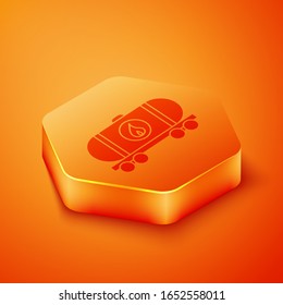 Isometric Oil railway cistern icon isolated on orange background. Train oil tank on railway car. Rail freight. Oil industry. Orange hexagon button. Vector Illustration