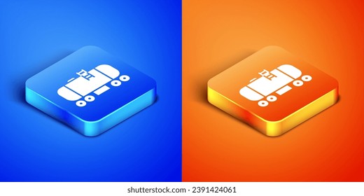 Isometric Oil railway cistern icon isolated on blue and orange background. Train oil tank on railway car. Rail freight. Oil industry. Square button. Vector Illustration