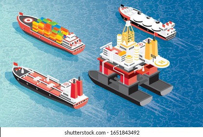 Isometric Oil Rig, Cargo Ship Container, LNG Carrier Ship And Oil Tanker. Vector Illustration. Shipping Freight Transportation.