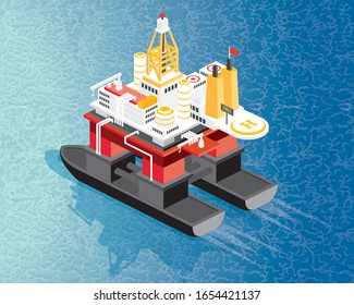 Isometric Oil Rig and Gas Platform in Gulf or Sea. Offshore Oil Drilling. Vector Illustration.