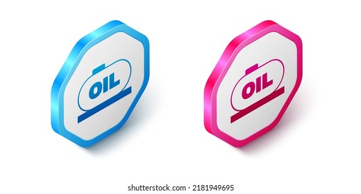 Isometric Oil tank storage icon isolated on white background. Vessel tank for oil and gas industrial. Oil tank technology station. Hexagon button. Vector