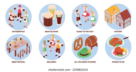 Isometric Oktoberfest festival composition set with traditional beer and food isolated vector illustration