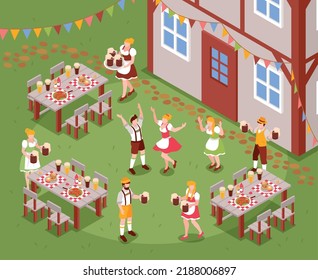 Isometric Oktoberfest festival concept with happy people in national German costumes vector illustration