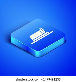 Isometric Oktoberfest hat icon isolated on blue background. Hunter hat with feather. German hat. Blue square button. Vector Illustration