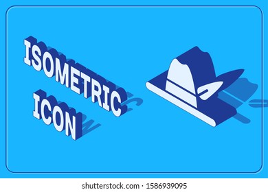 Isometric Oktoberfest hat icon isolated on blue background. Hunter hat with feather. German hat.  Vector Illustration