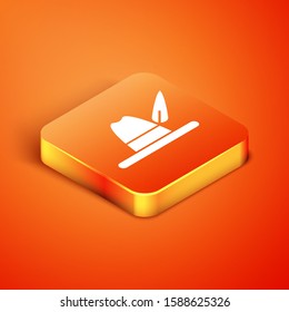 Isometric Oktoberfest hat icon isolated on orange background. Hunter hat with feather. German hat.  Vector Illustration